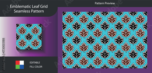 Art of emblematic leaf grid seamless pattern a captivating design showcasing brown and black leaves arranged in a grid on a light blue background, perfect for various creative projects