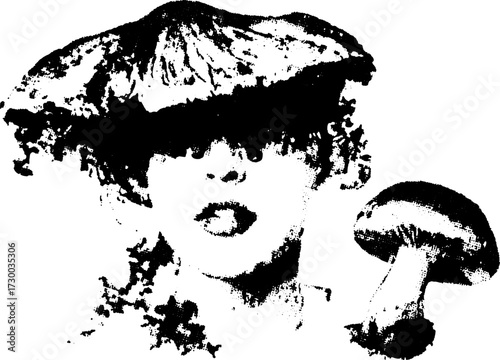 Mushroom and human face silhouette vector illustration. Black and white artistic design with unique texture in a modern style.