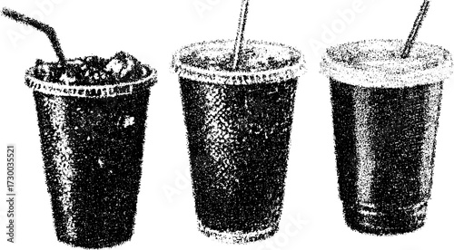 Set of three plastic cups with ice and straws. Colorful beverage vector illustration showcasing drinks in a simple and modern style.