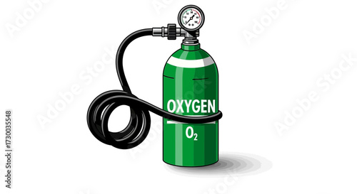 Green oxygen tank with gauge and hose isolated on white background.
