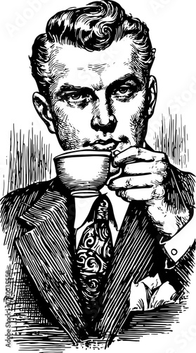 Vintage illustration of a man sipping coffee, showcasing elegant detail in a classic black and white style. This set offers premium artistry and sophistication.