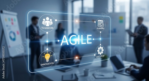 Agile strategy concept. Virtual interface highlighting the word AGILE surrounded by icons representing teamwork, planning and innovation. Digital transformation, agile methodology, business