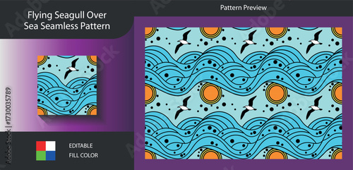 Art of flying seagull over sea seamless pattern a dynamic design featuring seagulls soaring above rolling waves, capturing the essence of coastal freedom and serenity for various creative projects