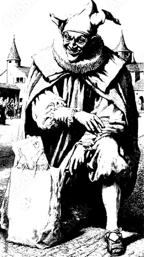 Jester character in a vintage monochrome illustration. A theatrical vector set showcasing historical costume and performance elements typical of comedy.