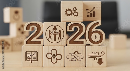 Business Resilience in 2026. Wooden blocks display 2026 with icon of team collaboration, symbolizing resilience, unity and strategic planning for future business challenges and economic hea