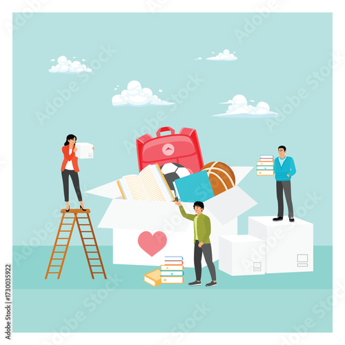 Philanthropy concept. A group of young people collect donated items for an orphanage.