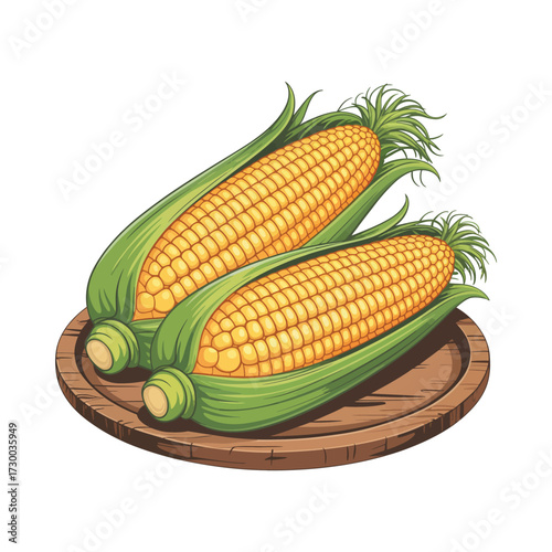 Corn Cobs Illustration Two Fresh Corn on the Cob with Husks on Wooden Board Summer Harvest Produce