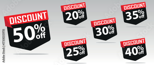 Discount buy now label pop-up banner with different sale percentage. 20, 25, 30, 35, 40, 50 percent off price reduction badge promotion, red discount sale tags with percentages	