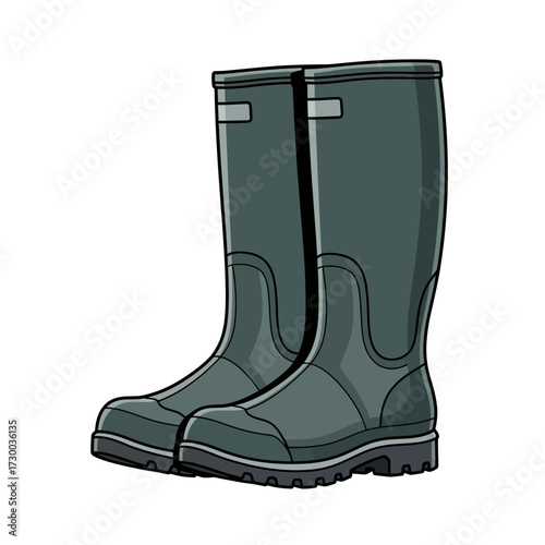 Two green rubber boots stand side by side on a white background.