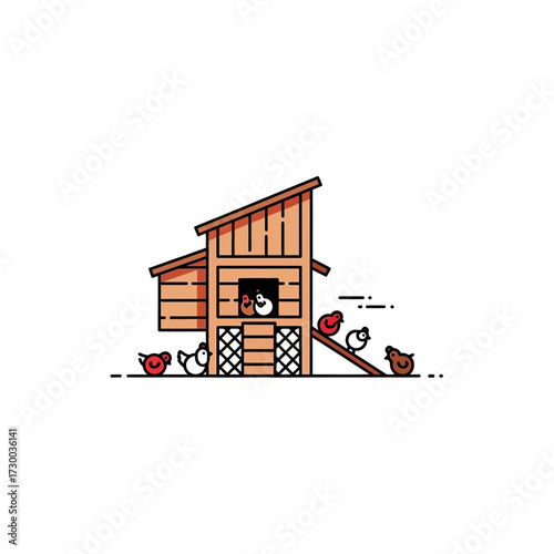 Cartoon chicken coop with chickens and a red bucket on white background.