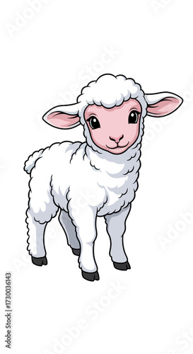 Cartoon lamb with white wool and pink ears standing on a white background.