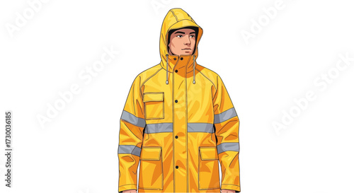 Person wearing a yellow hooded raincoat with reflective stripes on a white background.