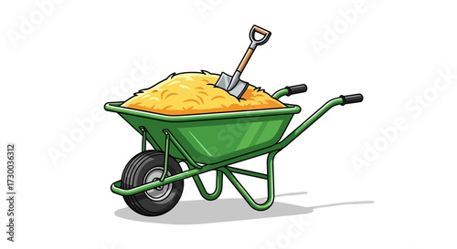 Green wheelbarrow filled with sand and a shovel on a white background.