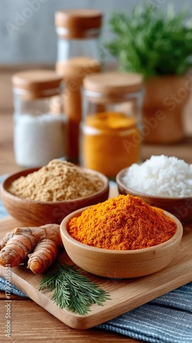 Close Up of Turmeric Root and Powder in Wooden Bowls on a Wooden Surface with Herbs and Other Spices