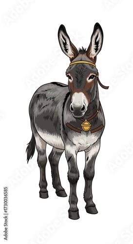 Donkey standing isolated on white background gray and brown animal.