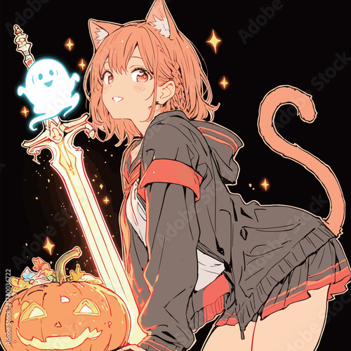 A cat girl character stands confidently, holding a glowing sword beside a carved pumpkin and a ghost light. The dark background sets a mystical Halloween atmosphere.