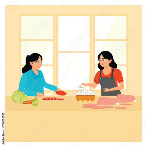 Diet paleo concept. Two cheerful women are cooking healthy nutrition together.