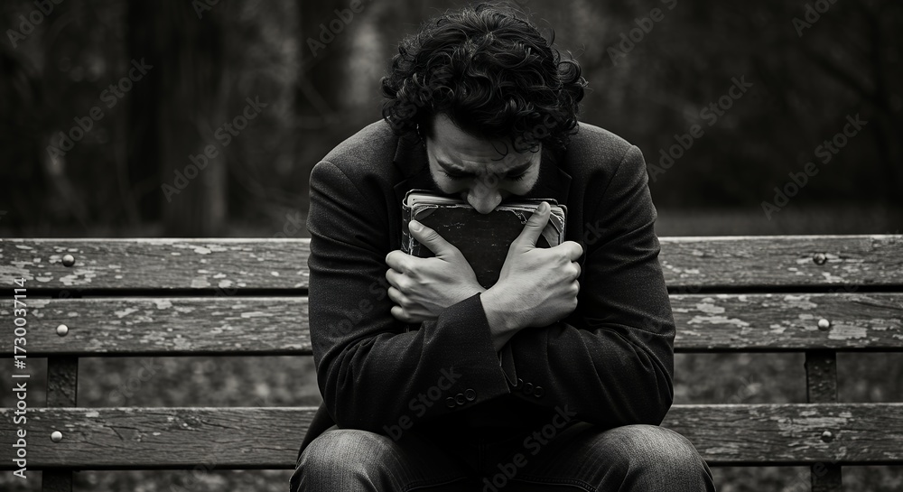 Fototapeta premium Person sitting on bench in monochrome contemplating holding book