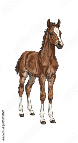 Brown foal with white markings standing on a white background illustration.