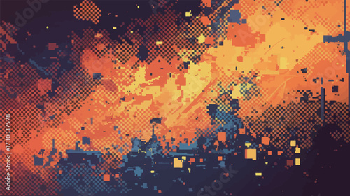 Colorful shapes and patterns blend in a vivid abstract work of art, displaying various hues of orange and blue to evoke a sense of movement and creativity.