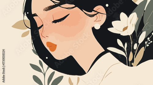 A beautiful illustration shows a woman with closed eyes and a calm expression. She has long black hair and is surrounded by floral elements, creating a peaceful vibe.