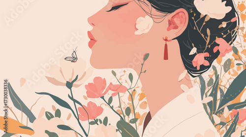 A woman gazes serenely as a butterfly flutters near her face, surrounded by colorful flowers in a peaceful garden scene on a lovely spring day.