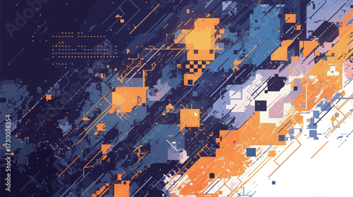 Colorful geometric shapes in shades of blue, orange, and purple create a dynamic abstract background. This artwork showcases a blend of lines and patterns.