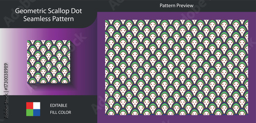 Art of geometric scallop dot seamless pattern with green and white colors, a modern and eyecatching design that adds a touch of elegance and sophistication to any project