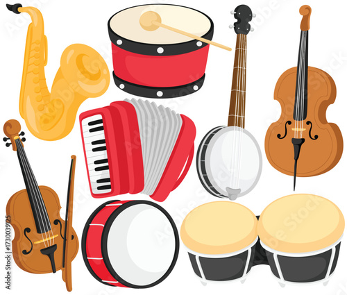 Cute cartoon music instrument clip art illustration with saxophone drum violin cello banjo accordion and bongo element in decorative handdrawn style for band orchestra and musical theme
