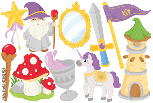 Cute cartoon fantasy fairy tale clip art illustration with wizard magic wand staff sword tower unicorn mushroom potion cup flag and mirror element in decorative handdrawn design for story theme