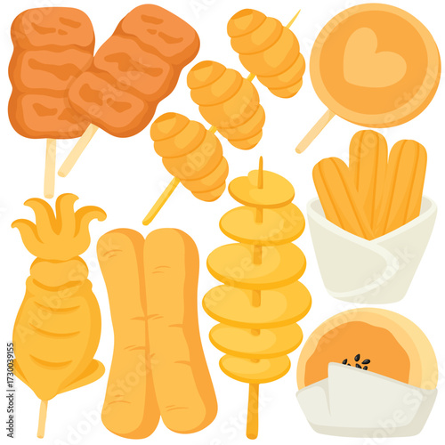 Cute cartoon street food snack clip art illustration with fried potato skewer chicken stick churro pancake bread roll and pastry element