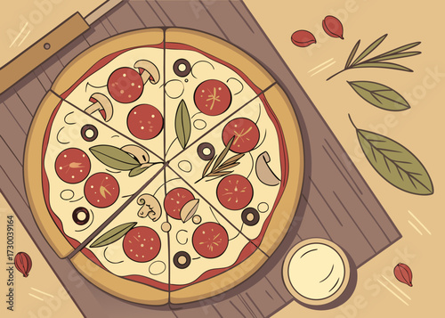 Delicious pizza with pepperoni, tomatoes, olives and mushrooms, served on a wooden board, perfect for restaurant menus and food lovers' designs