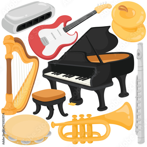 Cute cartoon music instrument clip art illustration with piano guitar harp flute trumpet saxophone harmonica and tambourine element in decorative handdrawn style for orchestra 