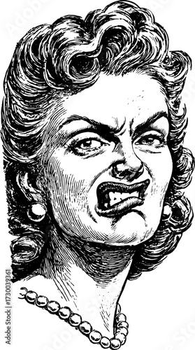 Angry woman with a vintage expression. Black and white vector illustration showcasing intense emotion in a retro style.