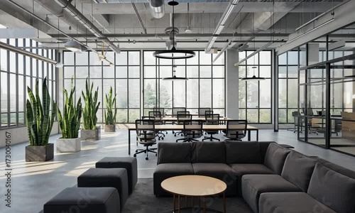 Modern open-plan office interior with large windows, plants, and lounge area contemporary