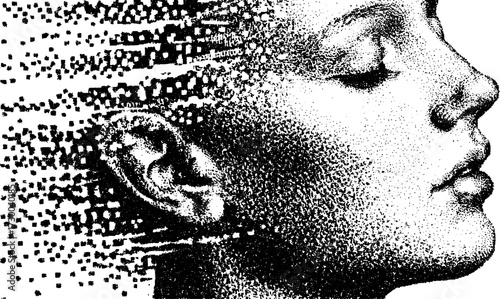 Black and white vector illustration of a woman's face, showcasing artistic hair patterns. A modern graphic design emphasizing abstract contours and textures.