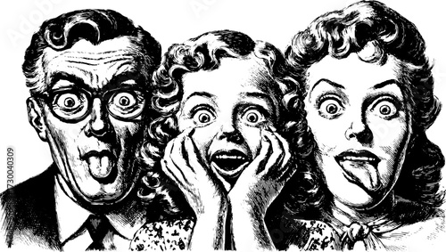 Three expressive faces in black and white with exaggerated emotions. Vintage vector illustration showcasing surprise and silliness in a dynamic set.