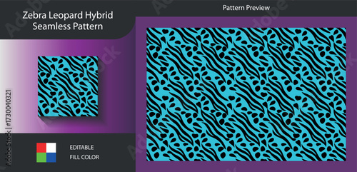 Art of zebra leopard hybrid seamless pattern design featuring a blend of zebra stripes and leopard spots, creating a unique and eyecatching animal print, perfect for fashion and decor