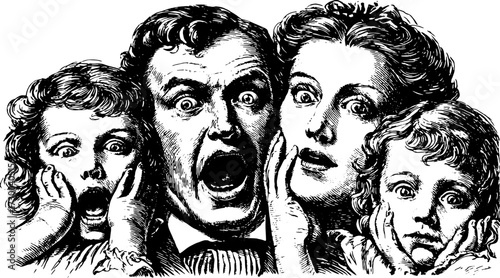 Scream expression in a vintage illustration. Exaggerated family reaction vector set displaying shock and surprise.