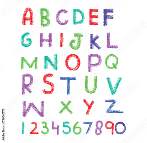 Colorful handwritten alphabet and numbers set in playful rainbow shades, uppercase and lowercase bold typography design, perfect for kids learning, posters, school projects, and creative education.