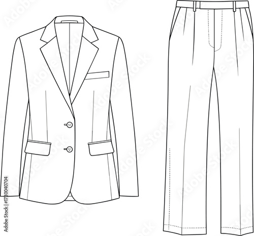 Flat vector CAD drawing of formal suit with blazer and trousers front view, technical fashion sketch, clothing design template for menswear