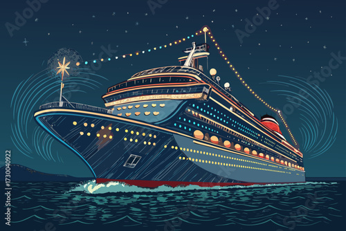 Depicting Cruise Ship With Glowing Party Lights Bold Vecto Stunning Premium Digital Asset