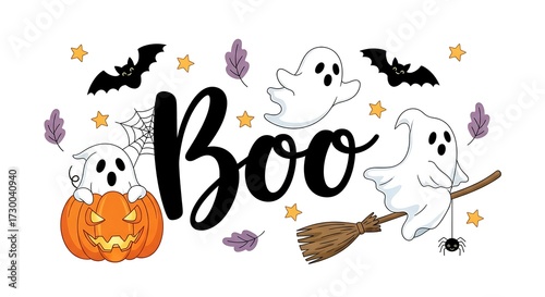 Festive Halloween Illustration with Ghosts, Bats, Pumpkin and 'Boo' Typography