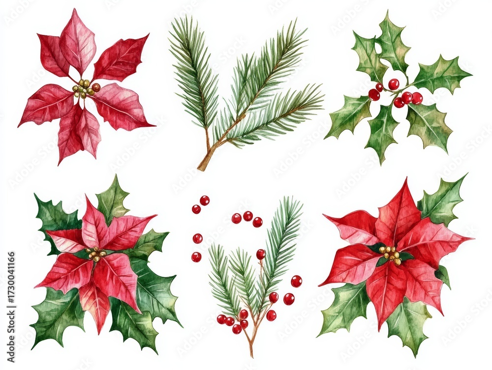 Fototapeta premium Watercolor Christmas Floral Decoration Elements Set Featuring Poinsettia Flowers Coniferous Branches Holly Berries Clean Lines Cliparts