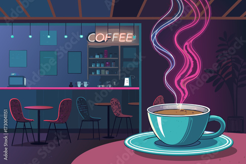 Beautiful Cup Coffee With Neon Steam Bold Cafe Professional Photo