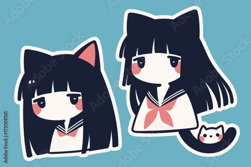 Two adorable character designs feature a girl with cat ears and sleek hair. They wear a sailor uniform and have unique expressions, showcasing a playful style.