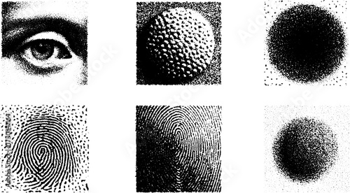 Eye and fingerprint textures in black and white. Unique patterns and designs featured in this vector illustration set.