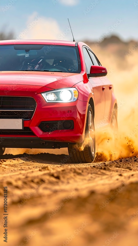 Obraz premium Red car speeding on sandy terrain, dust trails visible