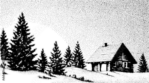 House in a snowy landscape with trees. Simple black and white vector illustration of a rustic cabin, ideal for showcasing winter scenery.