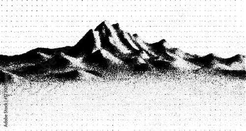 Mountain landscape in black and white art style. Abstract vector illustration with unique texture and design set.